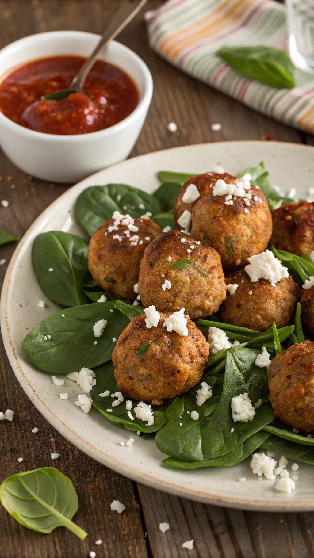 Savory turkey meatballs with spinach and feta served on a plate with fresh spinach and marinara sauce.