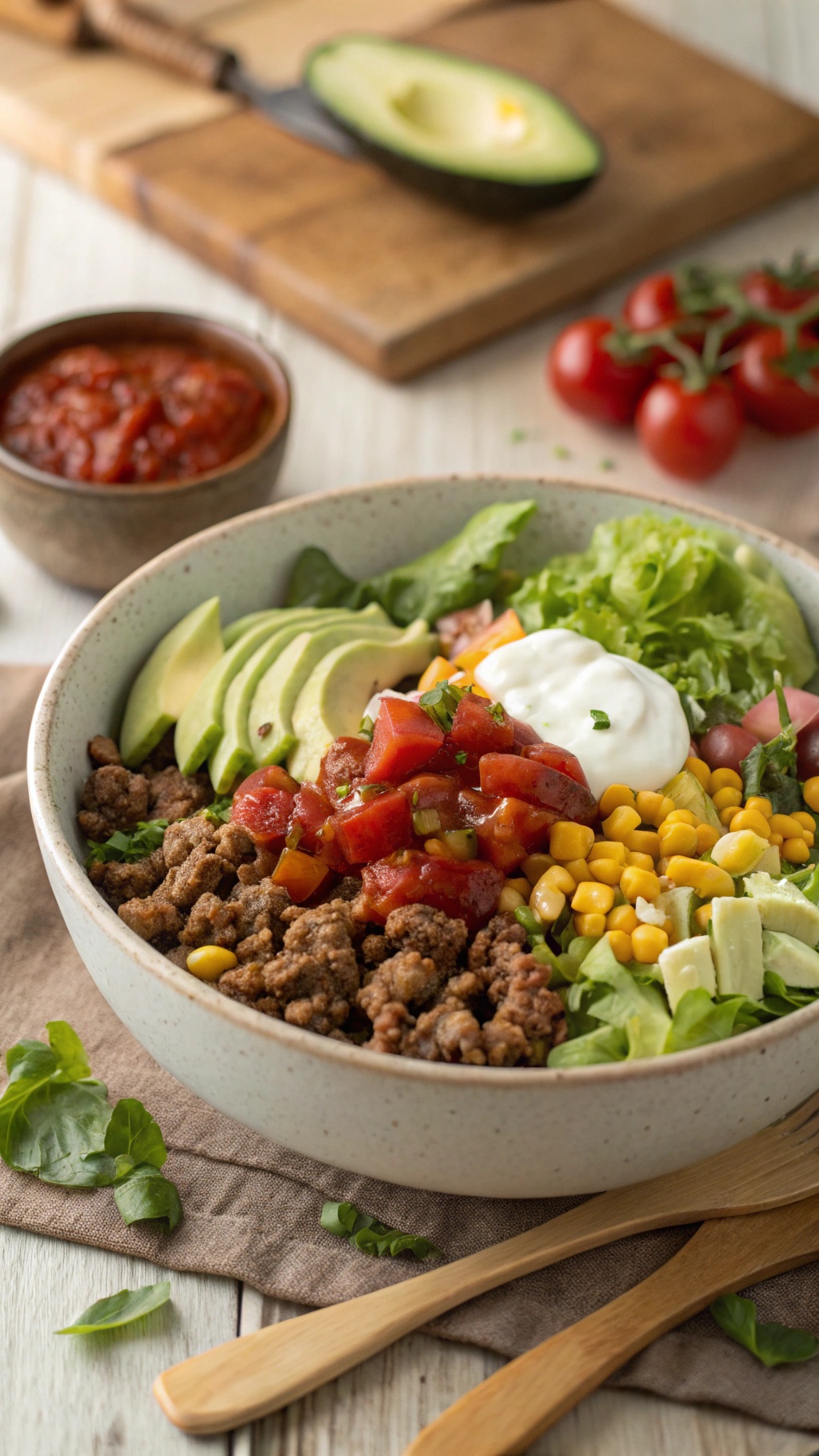 A bowl of turkey taco salad with lettuce, tomatoes, corn, avocado, salsa, and sour cream.