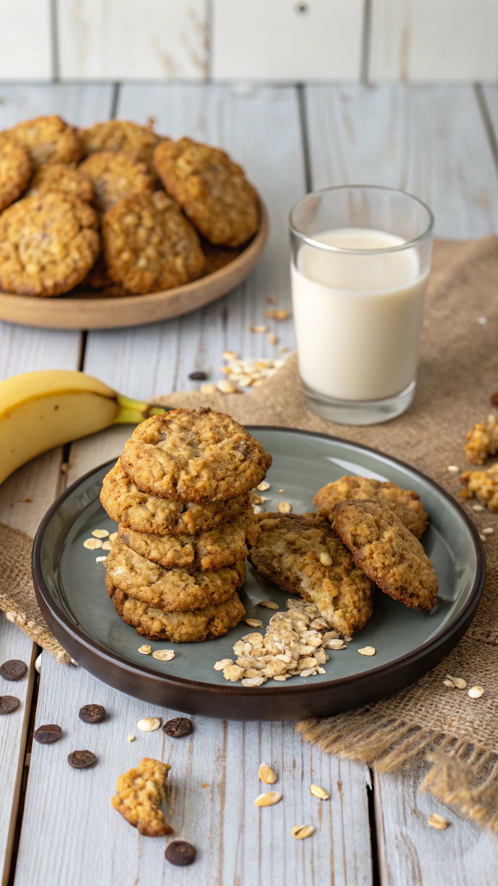 A plate of vegan banana oatmeal cookies stacked with a glass of milk and a banana on the side.