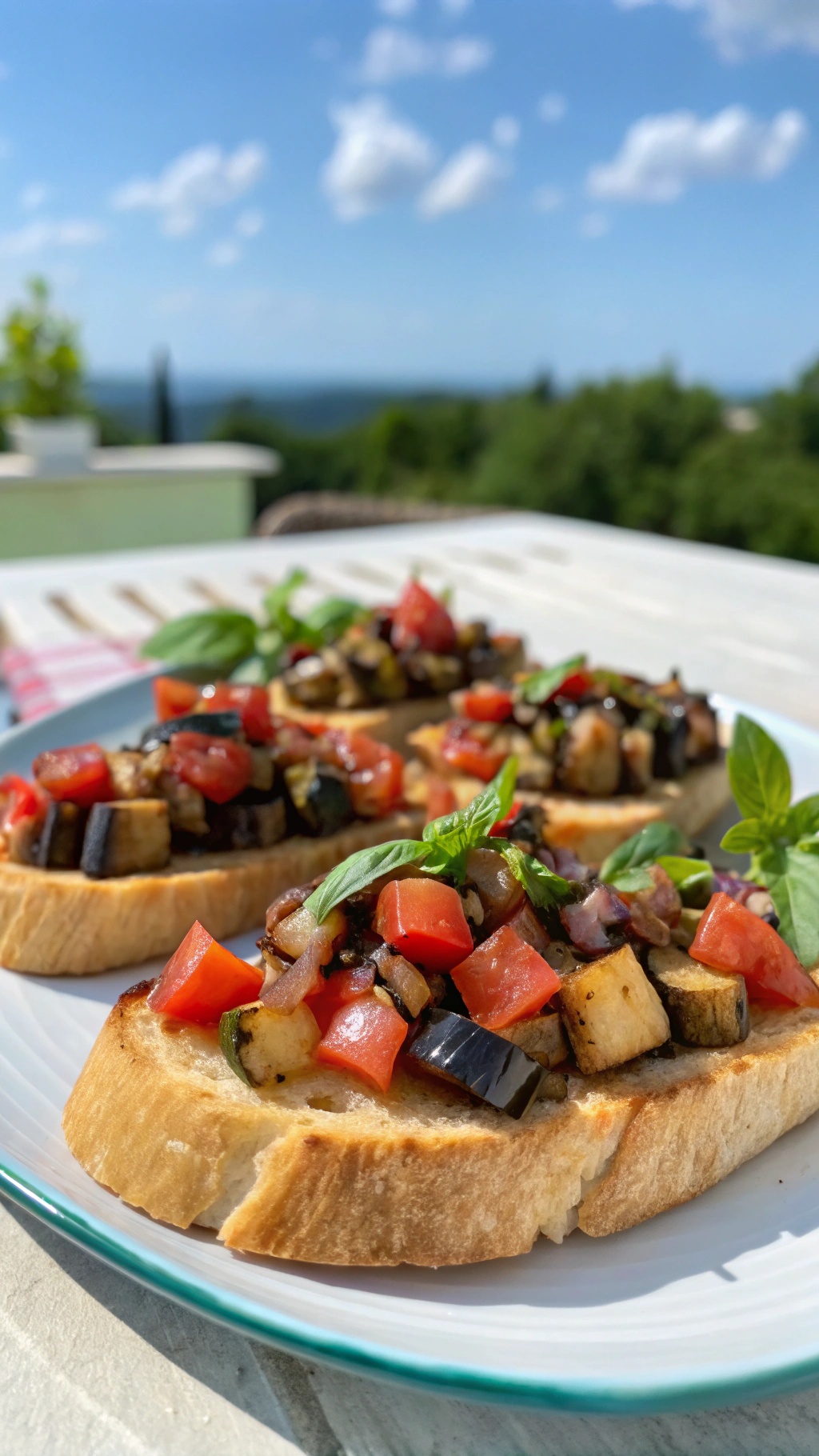 A plate of vegan eggplant and tomato bruschetta topped with fresh basil, served outdoors.