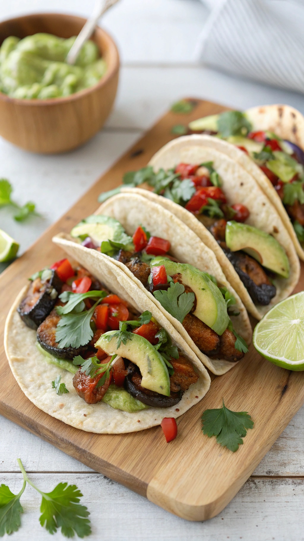 Vegan eggplant tacos topped with avocado crema, tomatoes, and cilantro on a wooden board.