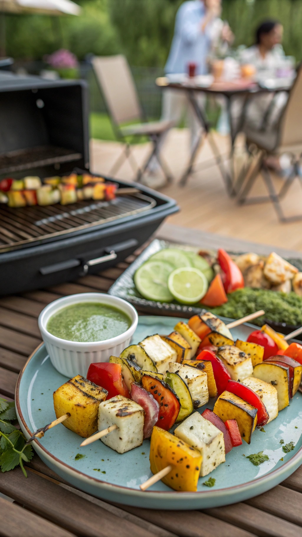 Grilled vegetable and paneer skewers served with green chutney and lime slices