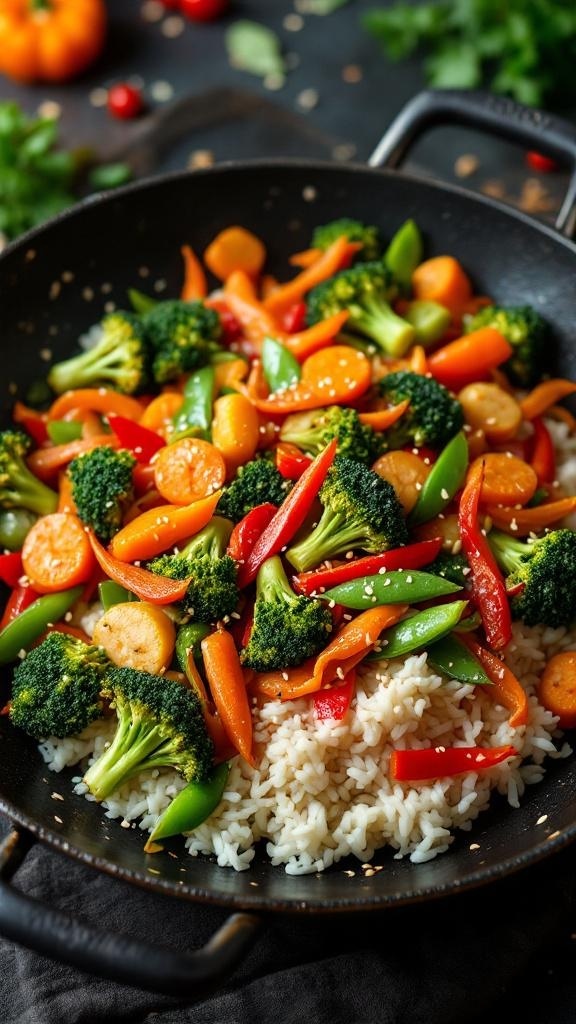A colorful vegetable stir-fry with broccoli, bell peppers, and snap peas served over rice.