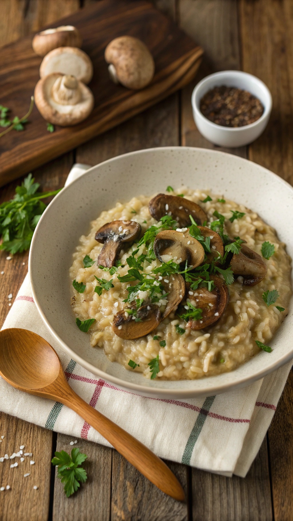 A bowl of creamy mushroom risotto topped with sautéed mushrooms and fresh parsley, served with a wooden spoon on a rustic table.