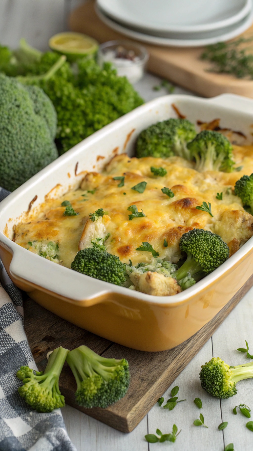 A delicious chicken and broccoli casserole topped with melted cheese, served in a baking dish.