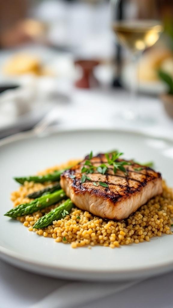 A plate of grilled fish with asparagus and couscous, showcasing a healthy meal option.