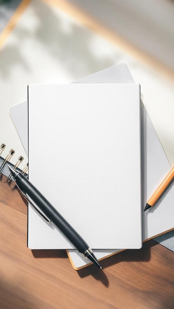 A notebook with the word 'Fitness' written on it, surrounded by a plant and workout equipment.