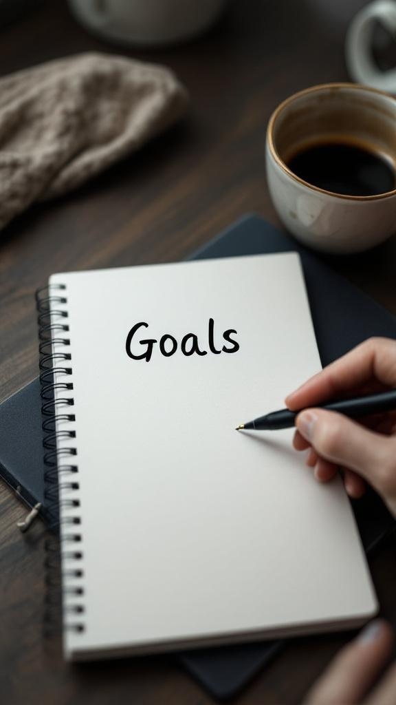 A cozy morning scene with a notebook titled 'Goals,' two cups of coffee, and a small plant.