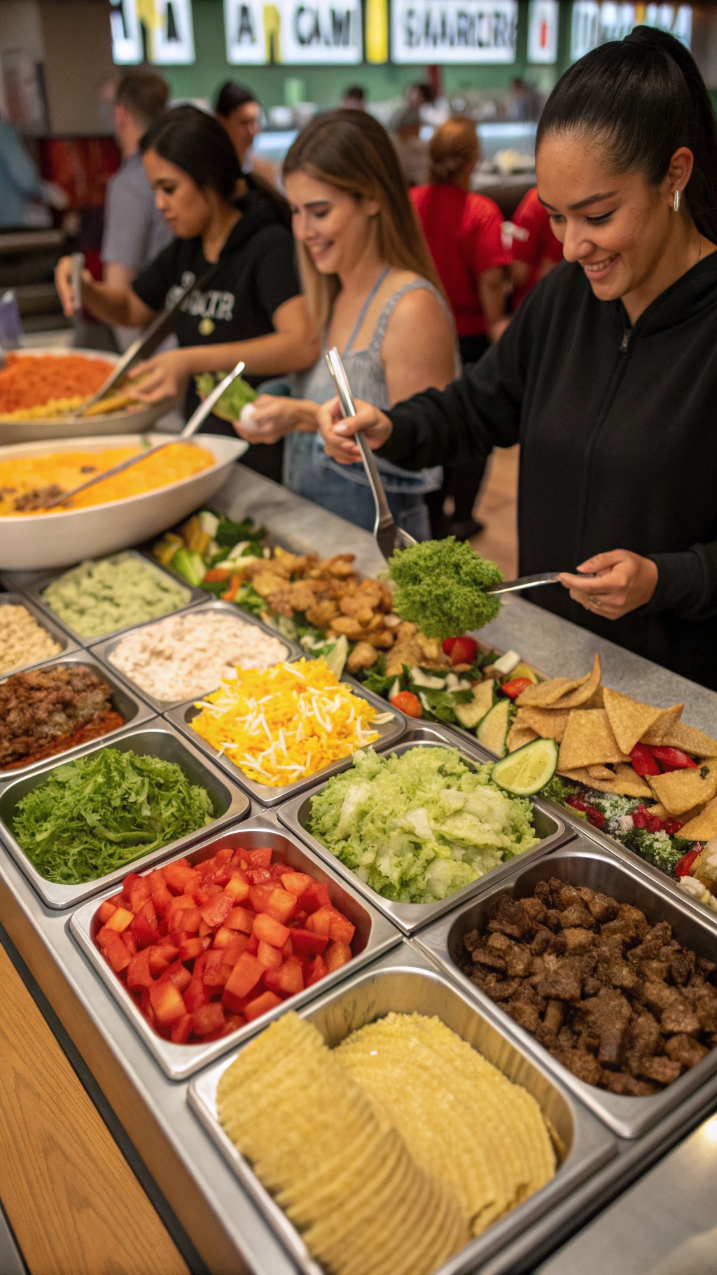 A taco salad bar with various toppings and ingredients for guests to build their own salads.