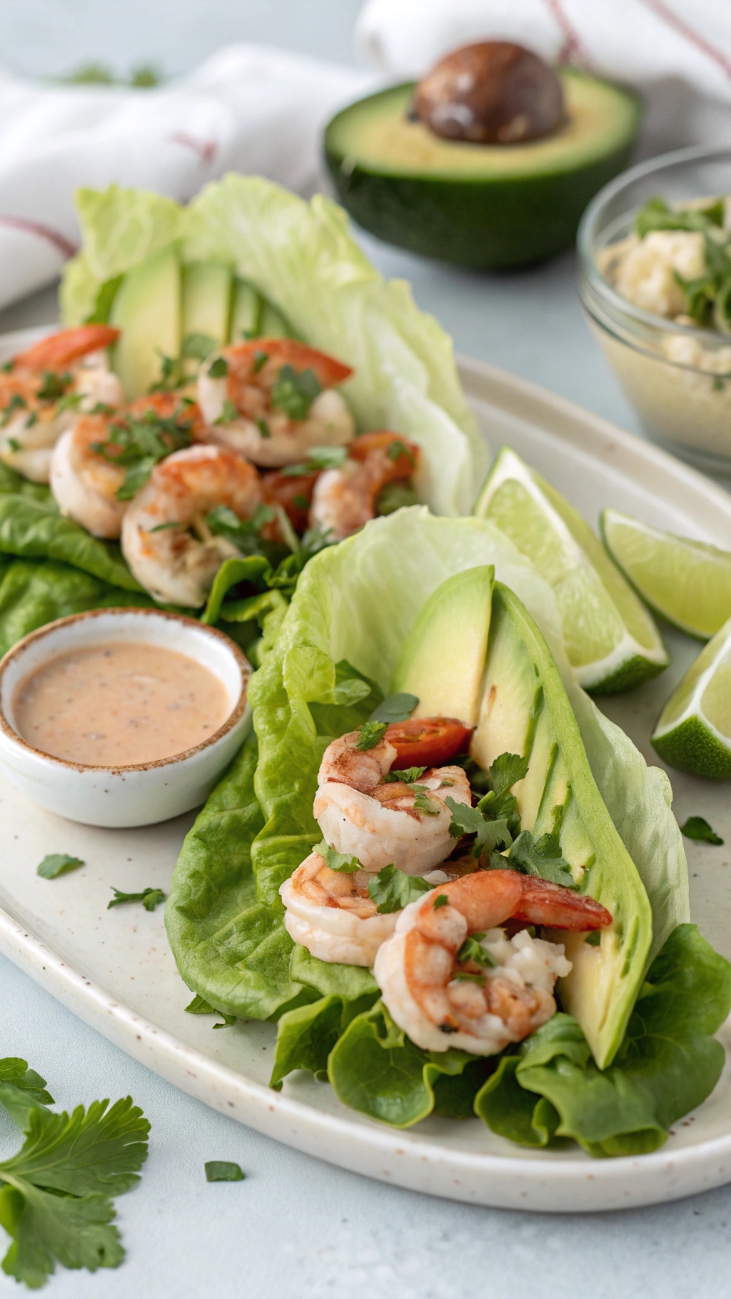 Shrimp and avocado lettuce wraps on a plate with lime wedges and dipping sauce.