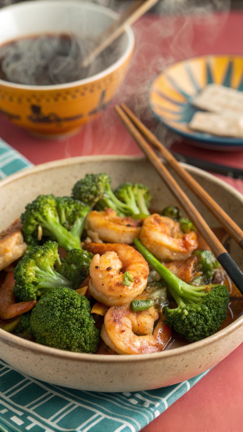 A bowl of shrimp and broccoli stir-fry with chopsticks, showcasing a delicious and healthy meal.