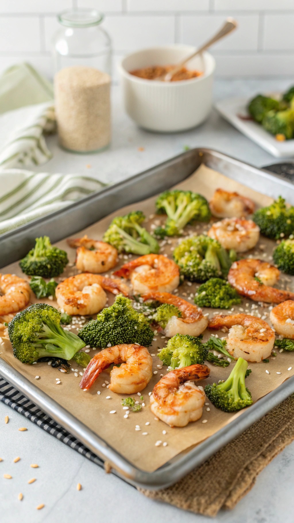 Shrimp and broccoli sheet pan dinner with sesame seeds