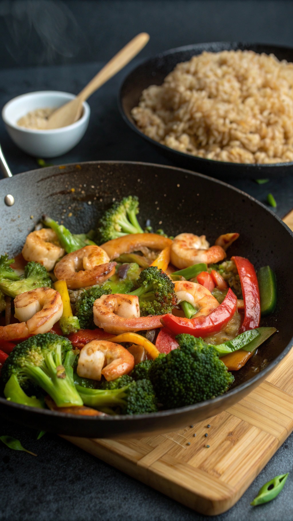 A colorful shrimp and broccoli stir-fry in a black skillet with rice on the side.