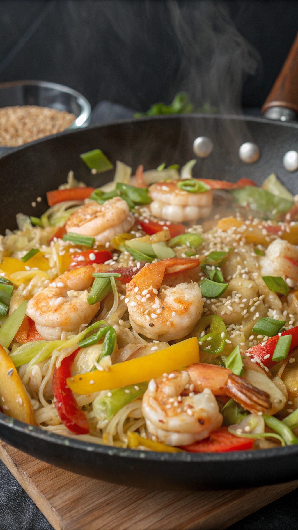 A colorful shrimp and cabbage stir-fry with bell peppers and sesame seeds in a skillet.