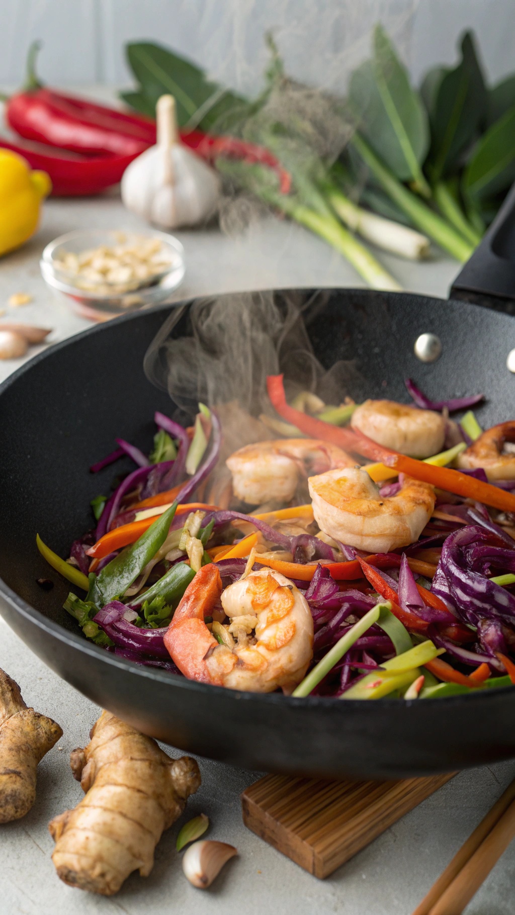 A colorful shrimp and cabbage stir-fry in a wok with fresh vegetables.