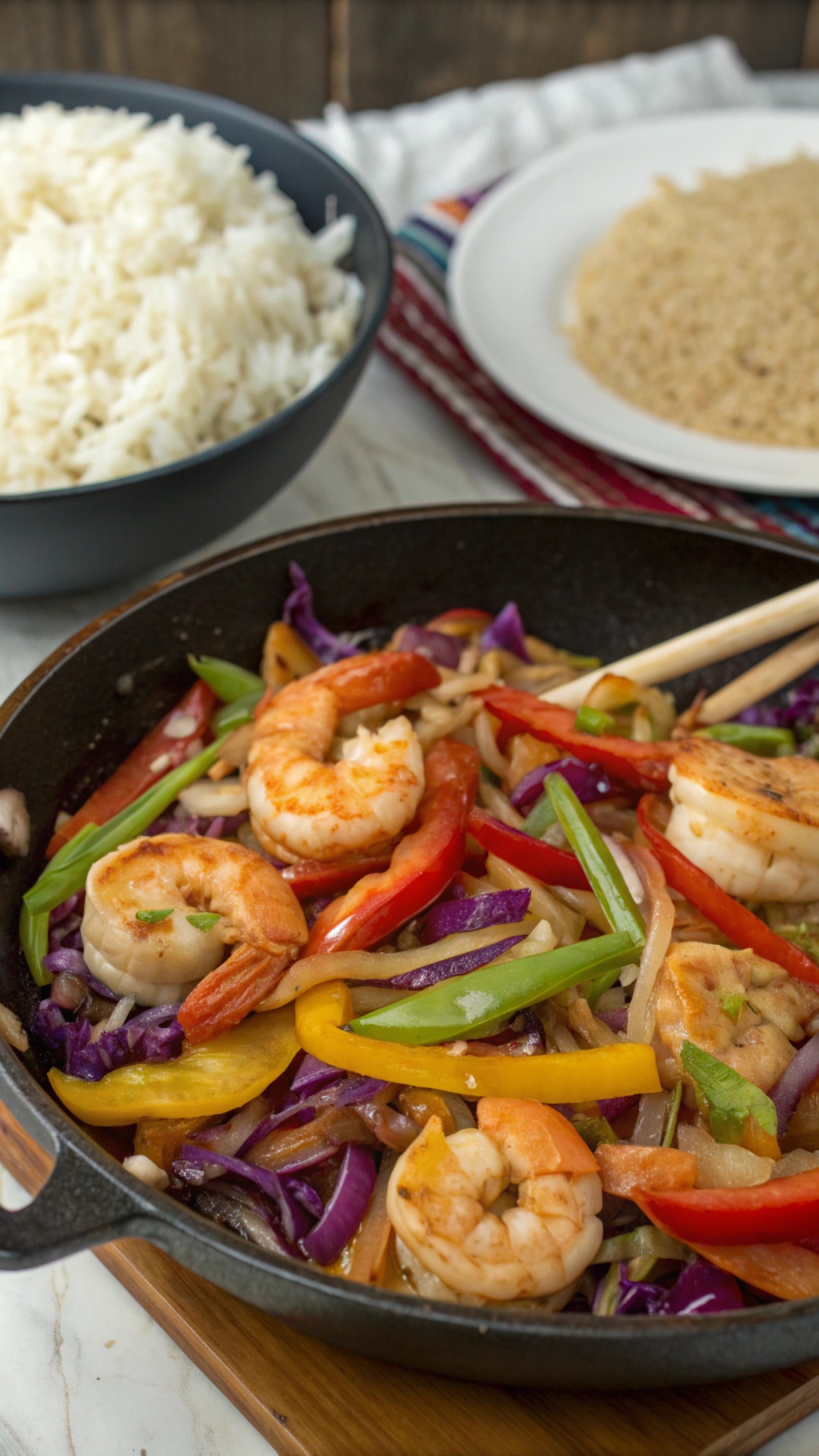 A colorful shrimp and cabbage stir fry in a skillet with rice in the background.
