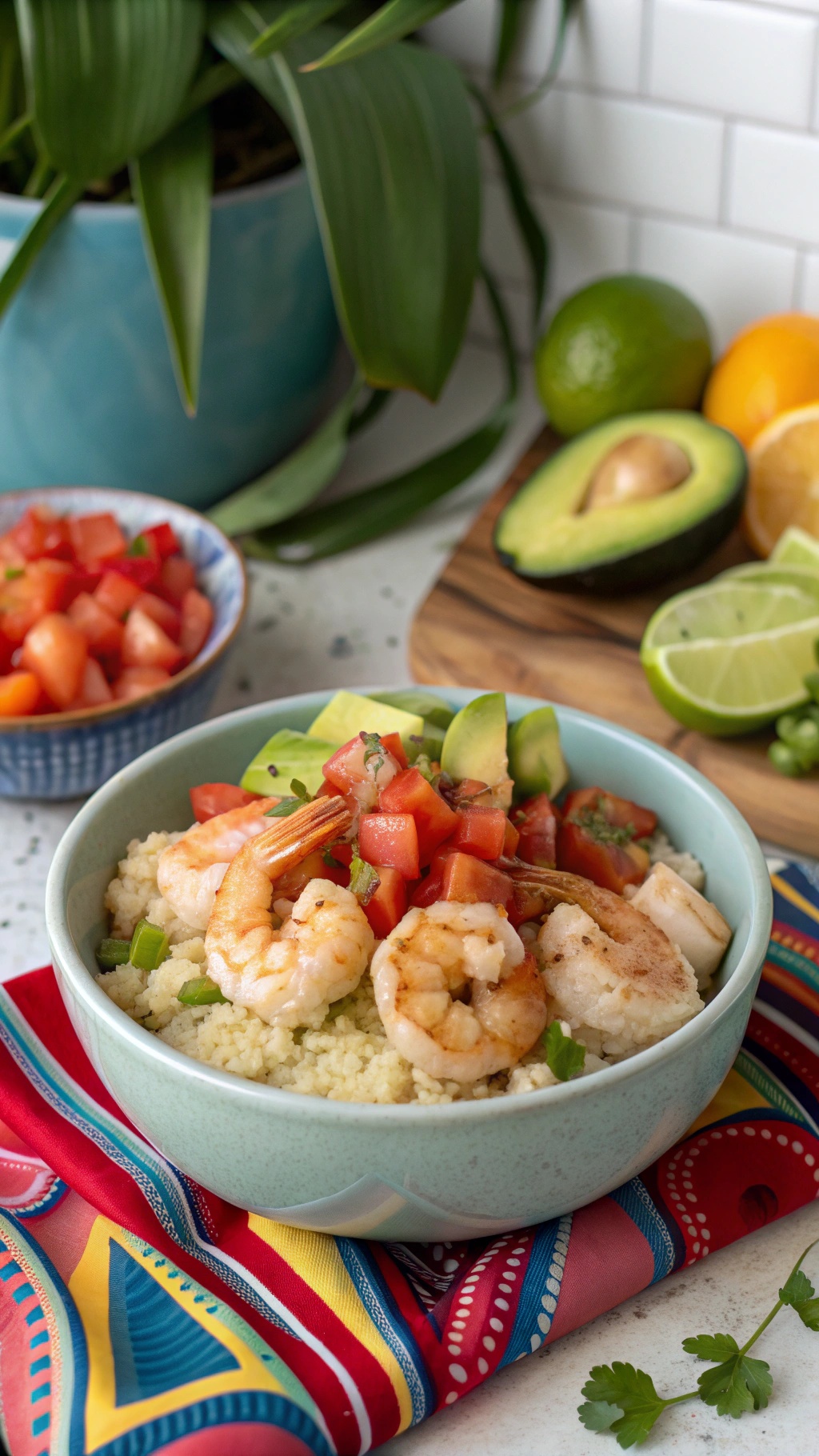 A colorful shrimp and cauliflower rice bowl topped with diced tomatoes and avocado, served in a light blue bowl.