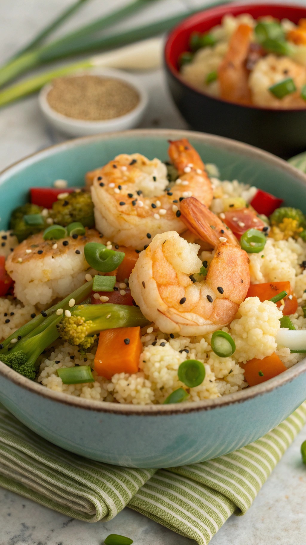 A colorful shrimp and cauliflower rice bowl with vegetables