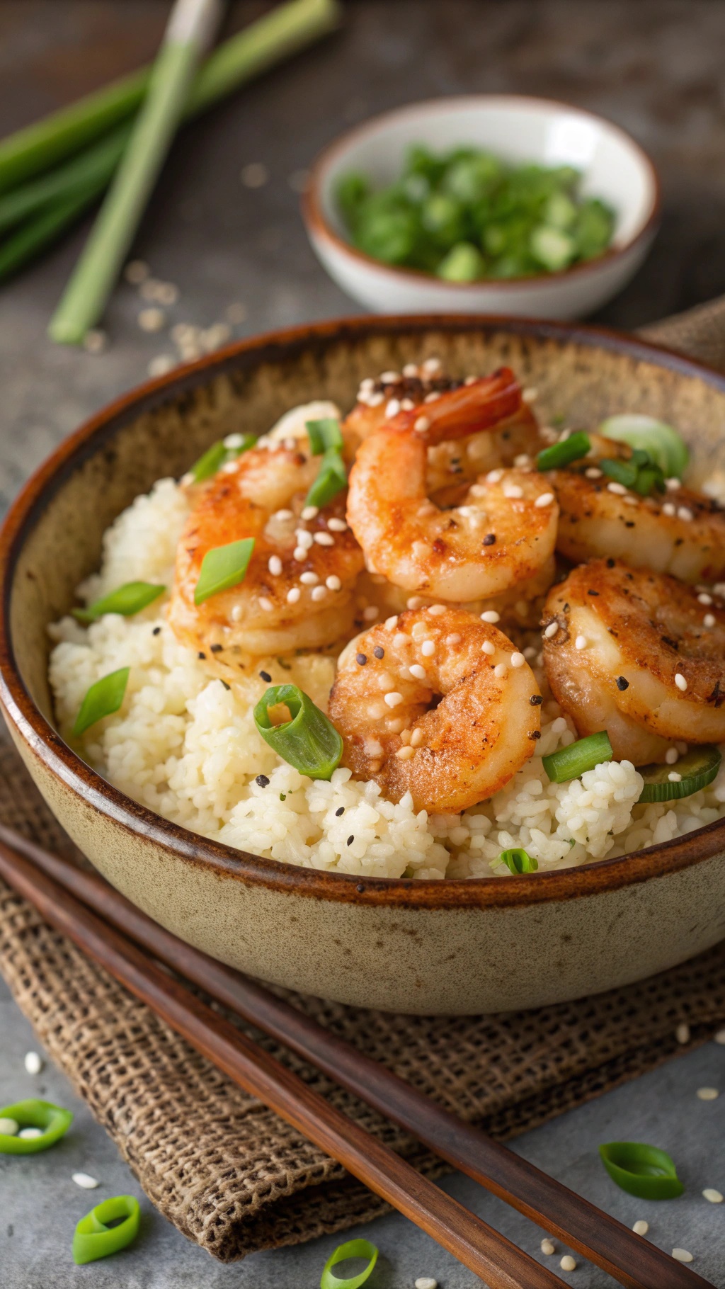 A bowl of shrimp and cauliflower rice garnished with green onions and sesame seeds.
