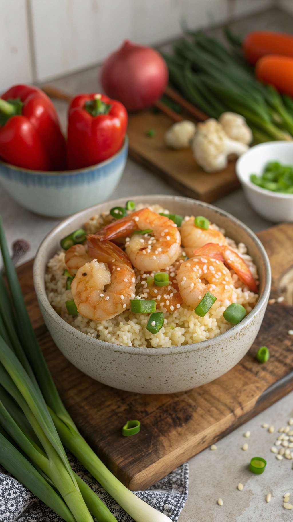 A bowl of shrimp and cauliflower rice topped with green onions and sesame seeds, surrounded by fresh vegetables.