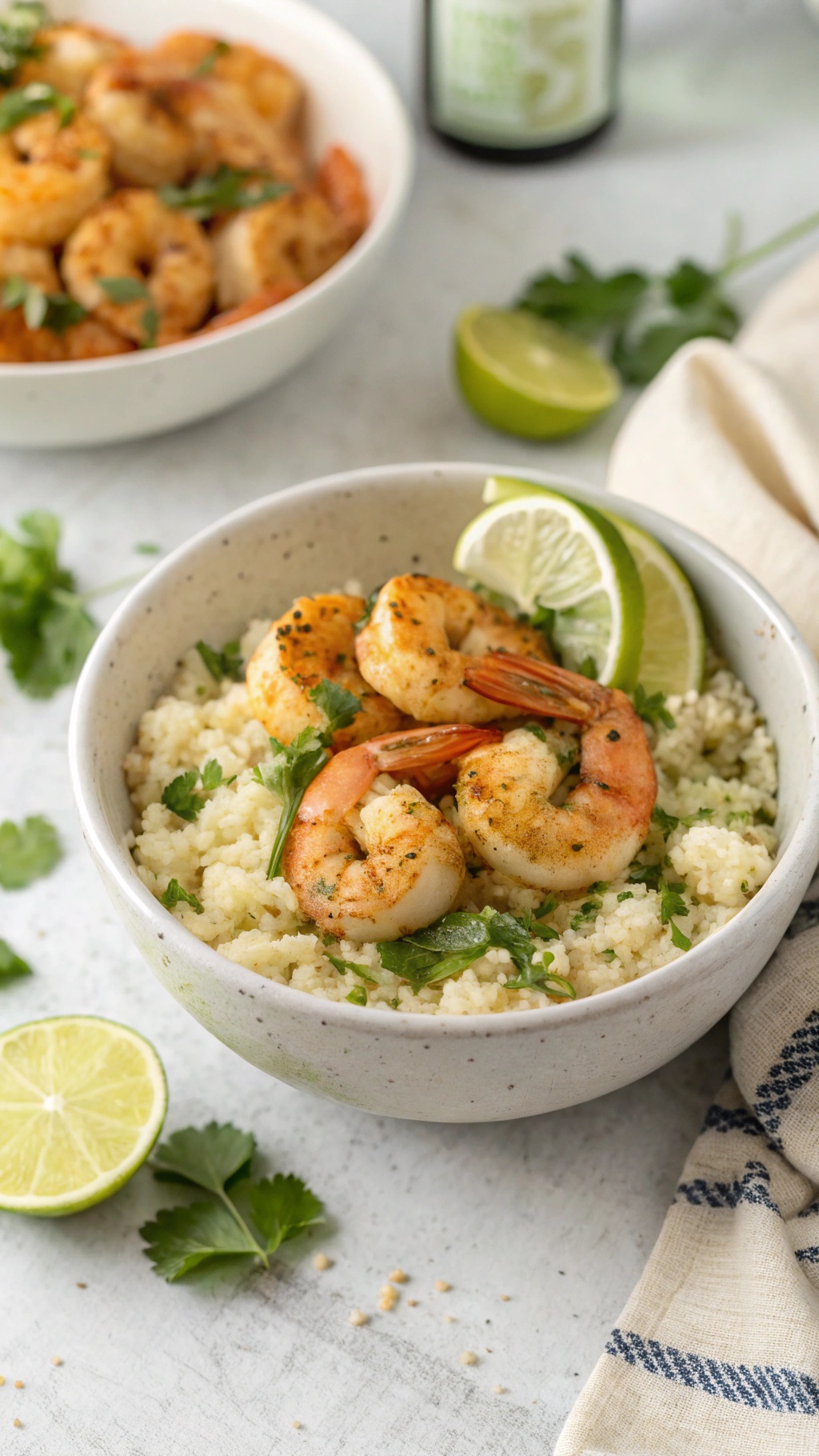 A bowl of shrimp on cauliflower rice garnished with lime and cilantro.