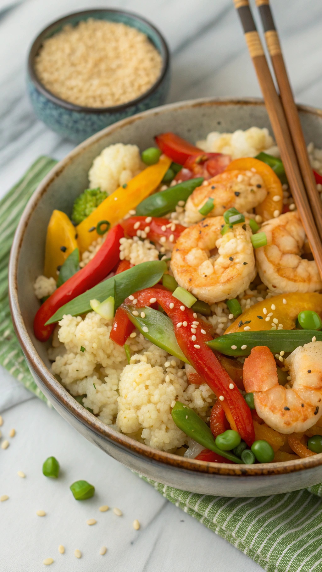 A colorful bowl of shrimp and cauliflower rice stir-fry with vegetables and sesame seeds.