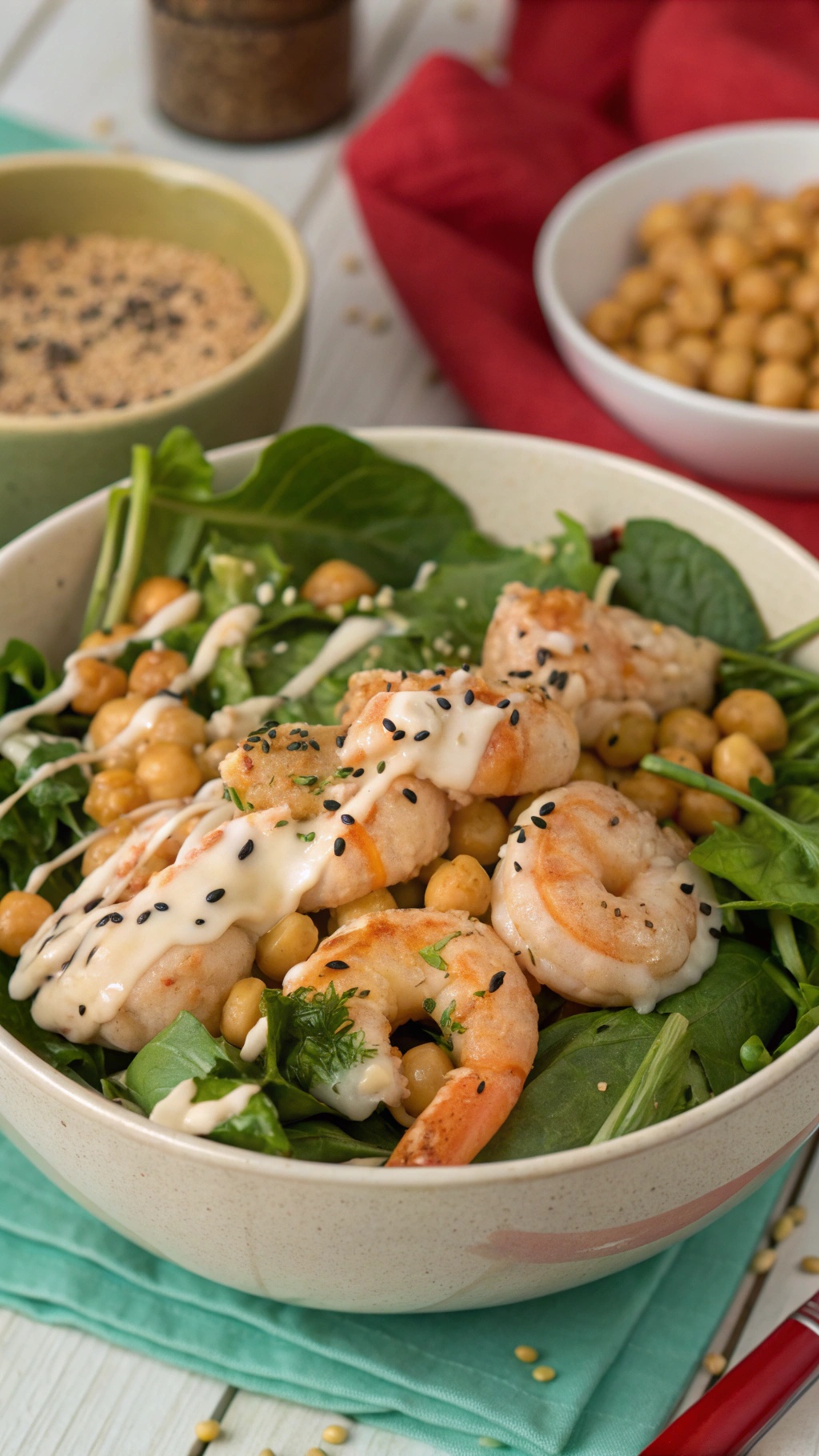A vibrant shrimp and chickpea salad with tahini dressing, garnished with black sesame seeds.
