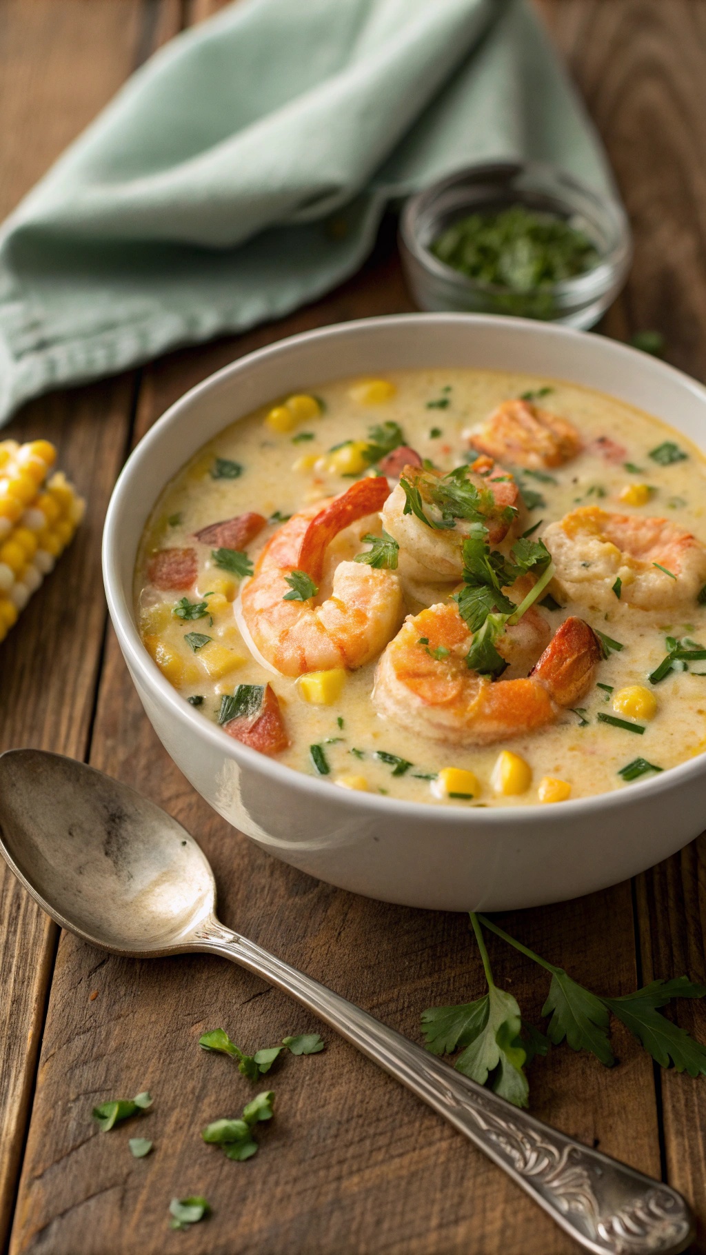 A bowl of shrimp and corn chowder garnished with parsley, served on a wooden table.