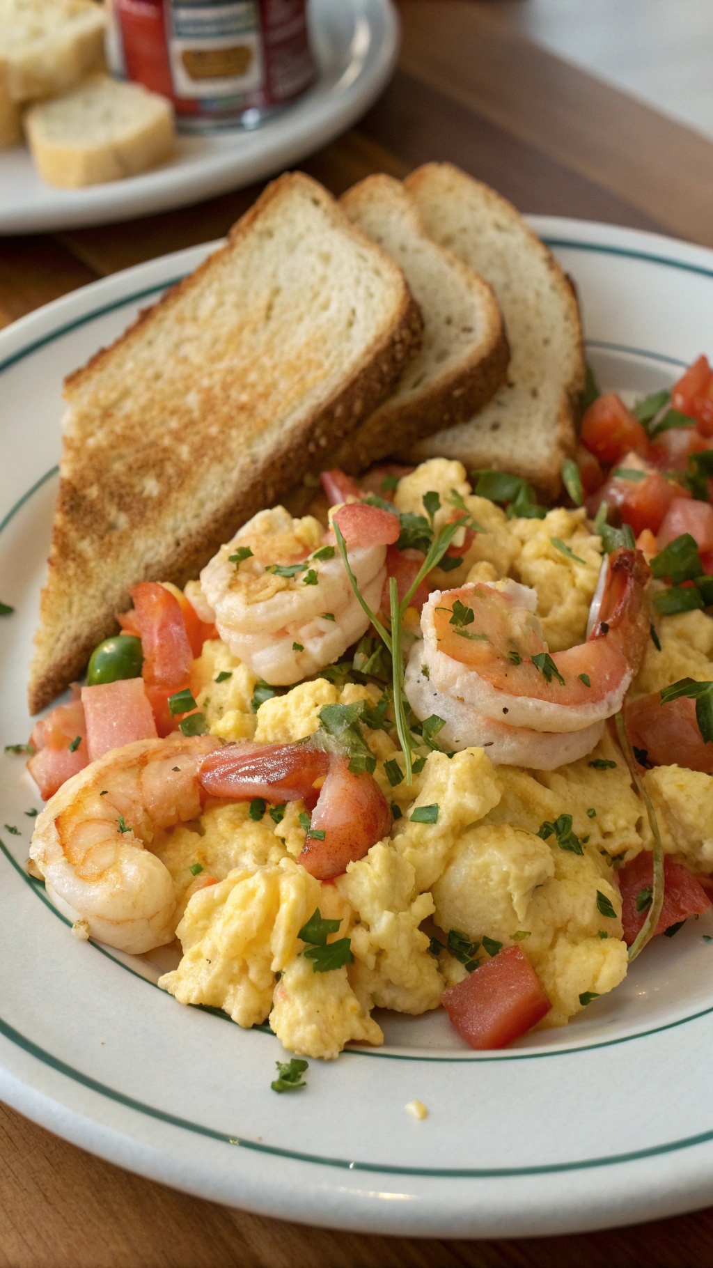 A plate of shrimp and egg scramble with toast and diced tomatoes.