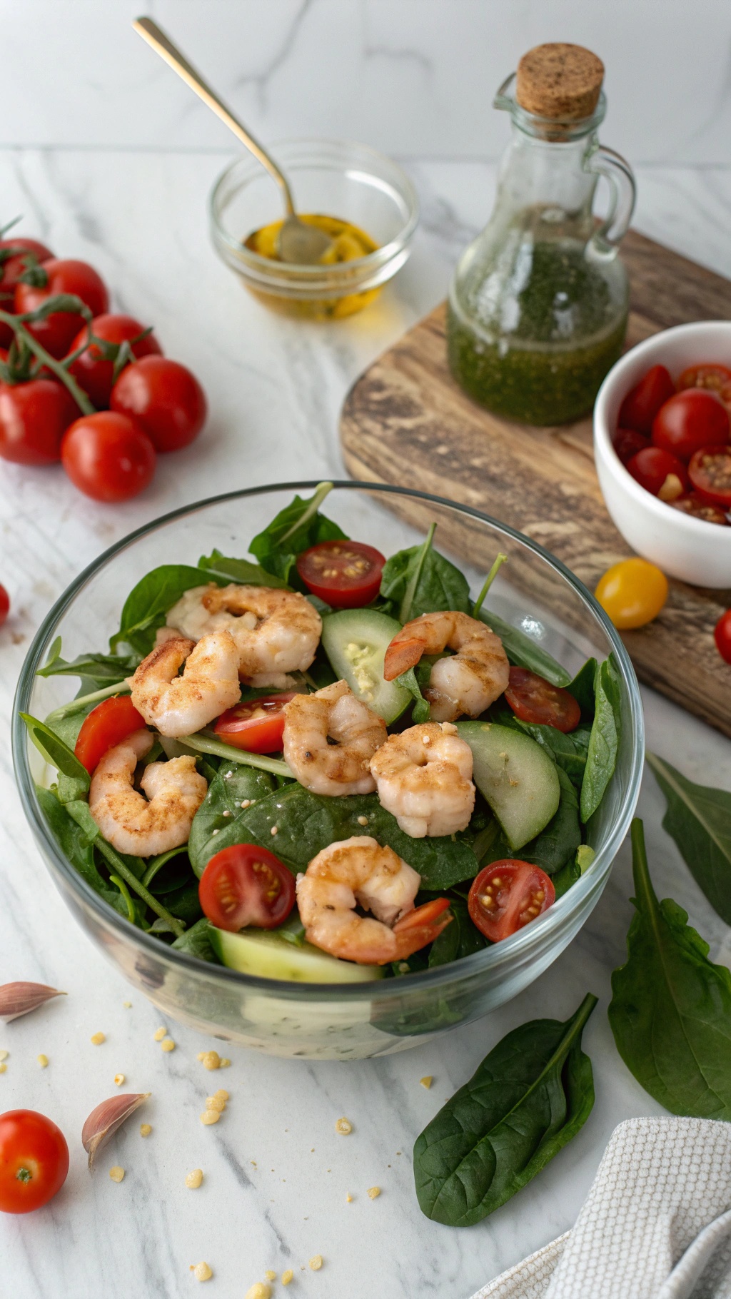 A vibrant shrimp and spinach salad with cherry tomatoes and cucumbers, drizzled with vinaigrette.
