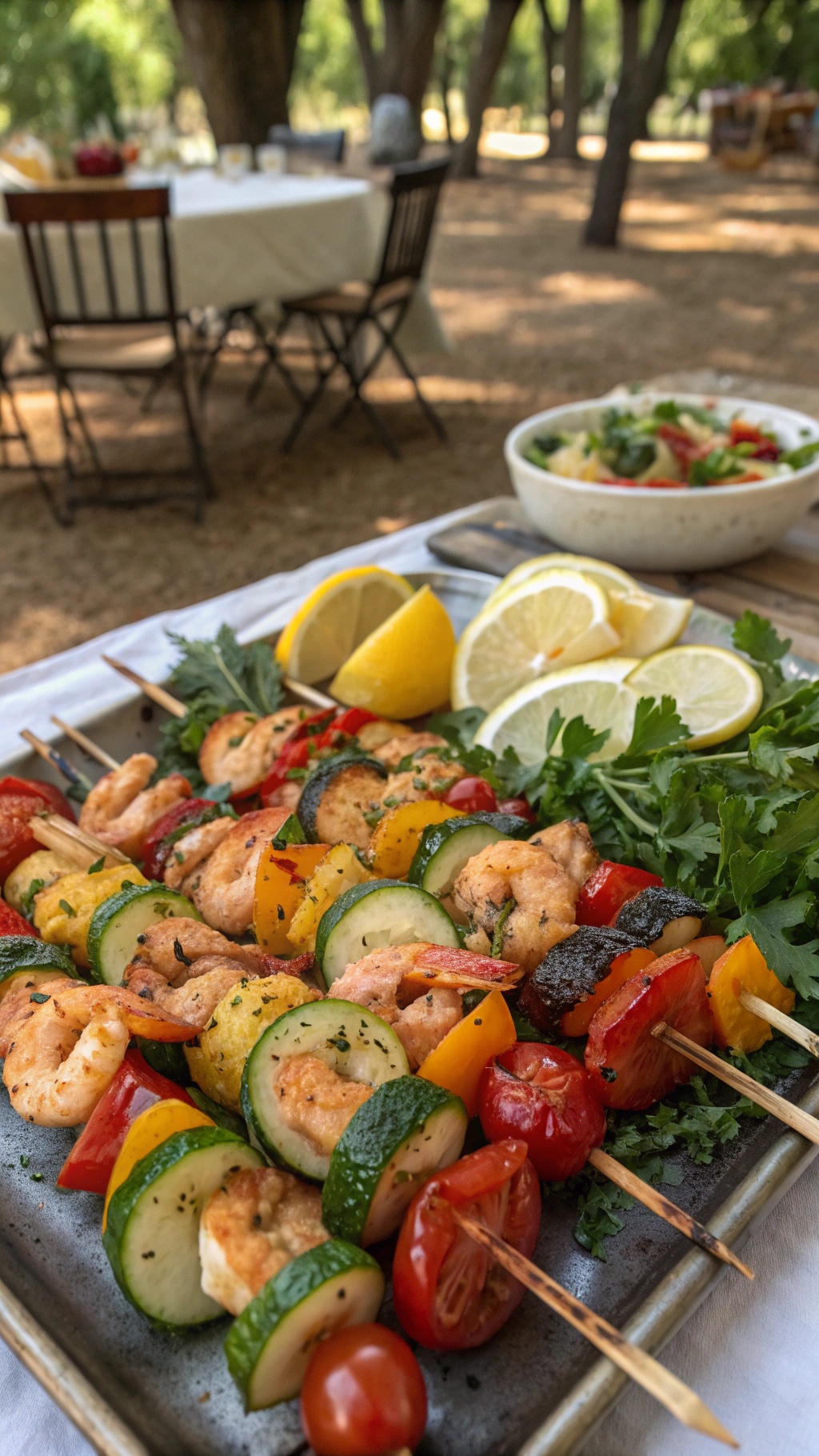 Colorful shrimp and vegetable kebabs on a platter with lemon slices and fresh herbs