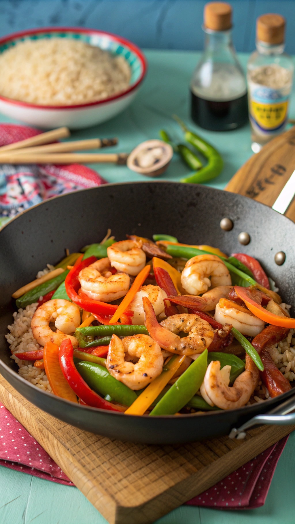A colorful shrimp and vegetable stir-fry in a black skillet, served over brown rice.