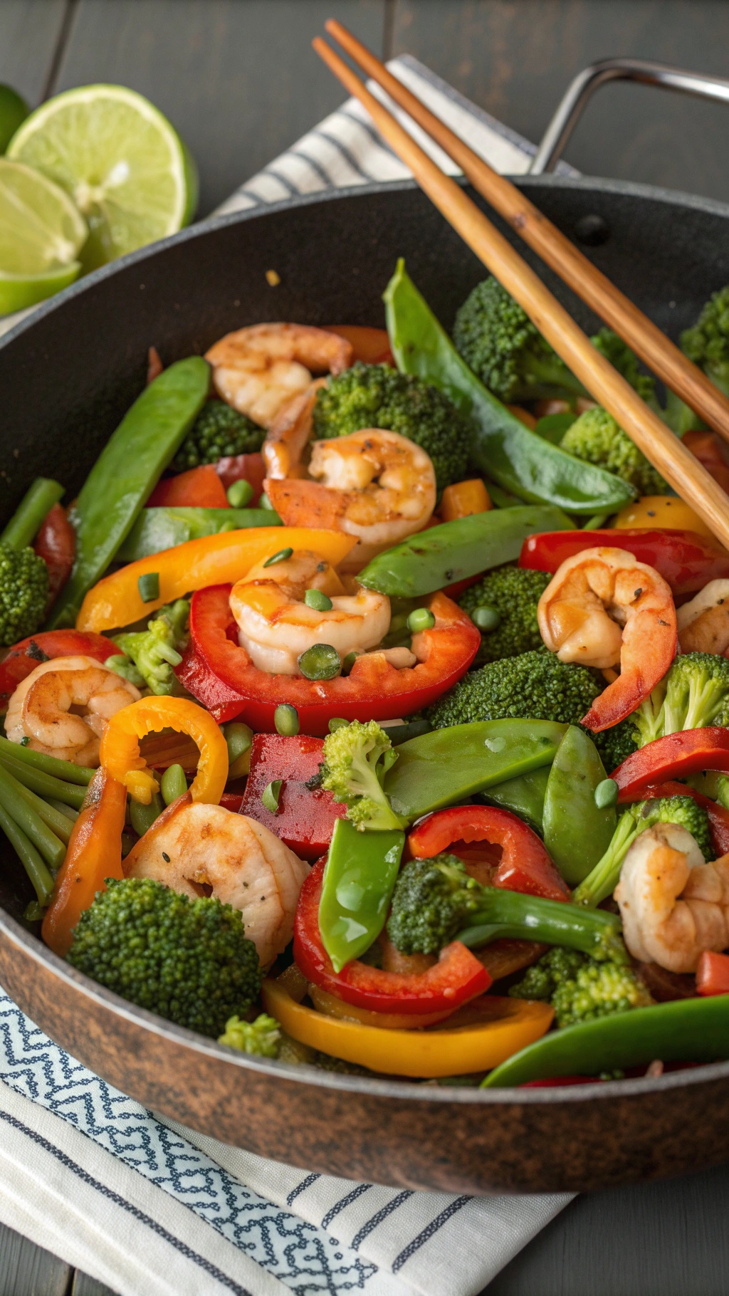 A colorful shrimp and vegetable stir-fry in a skillet with chopsticks resting on the side.