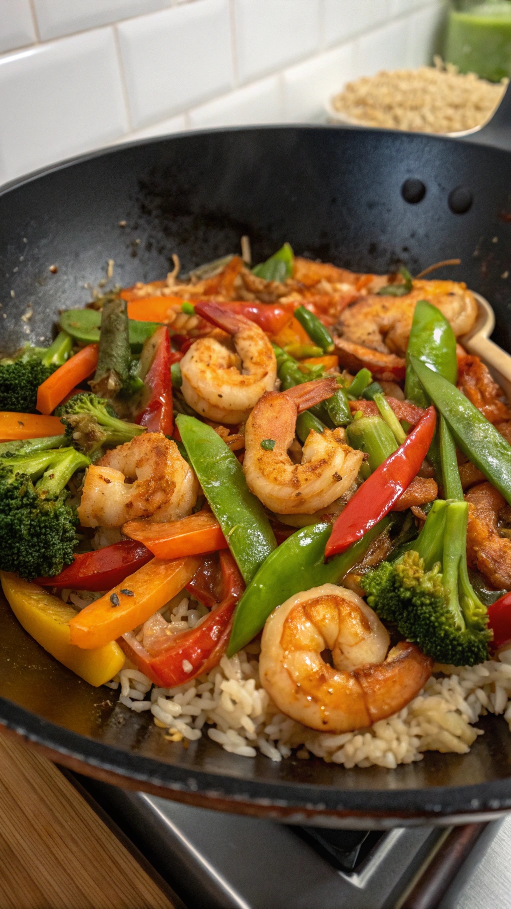 A colorful shrimp and vegetable stir-fry in a wok, featuring shrimp, broccoli, bell peppers, and snap peas over rice.