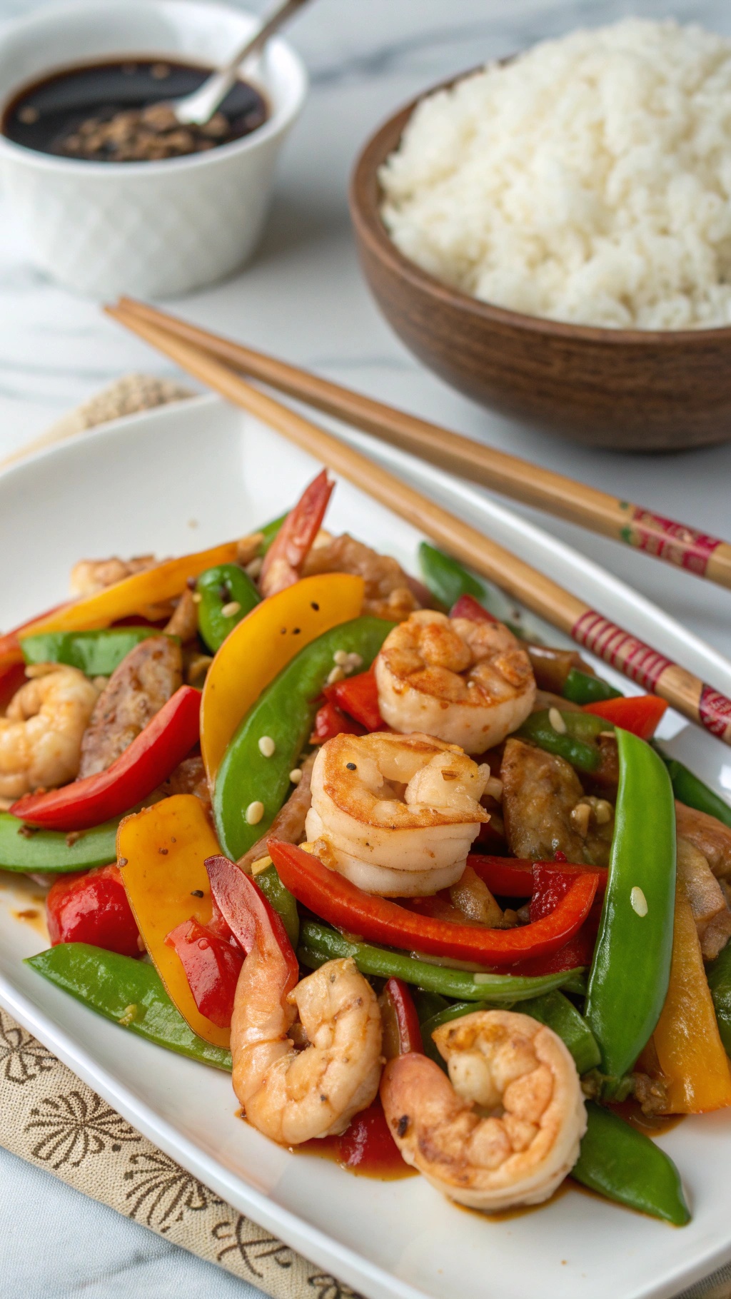 A colorful shrimp and vegetable stir-fry with ginger soy sauce served on a plate, accompanied by a bowl of rice.