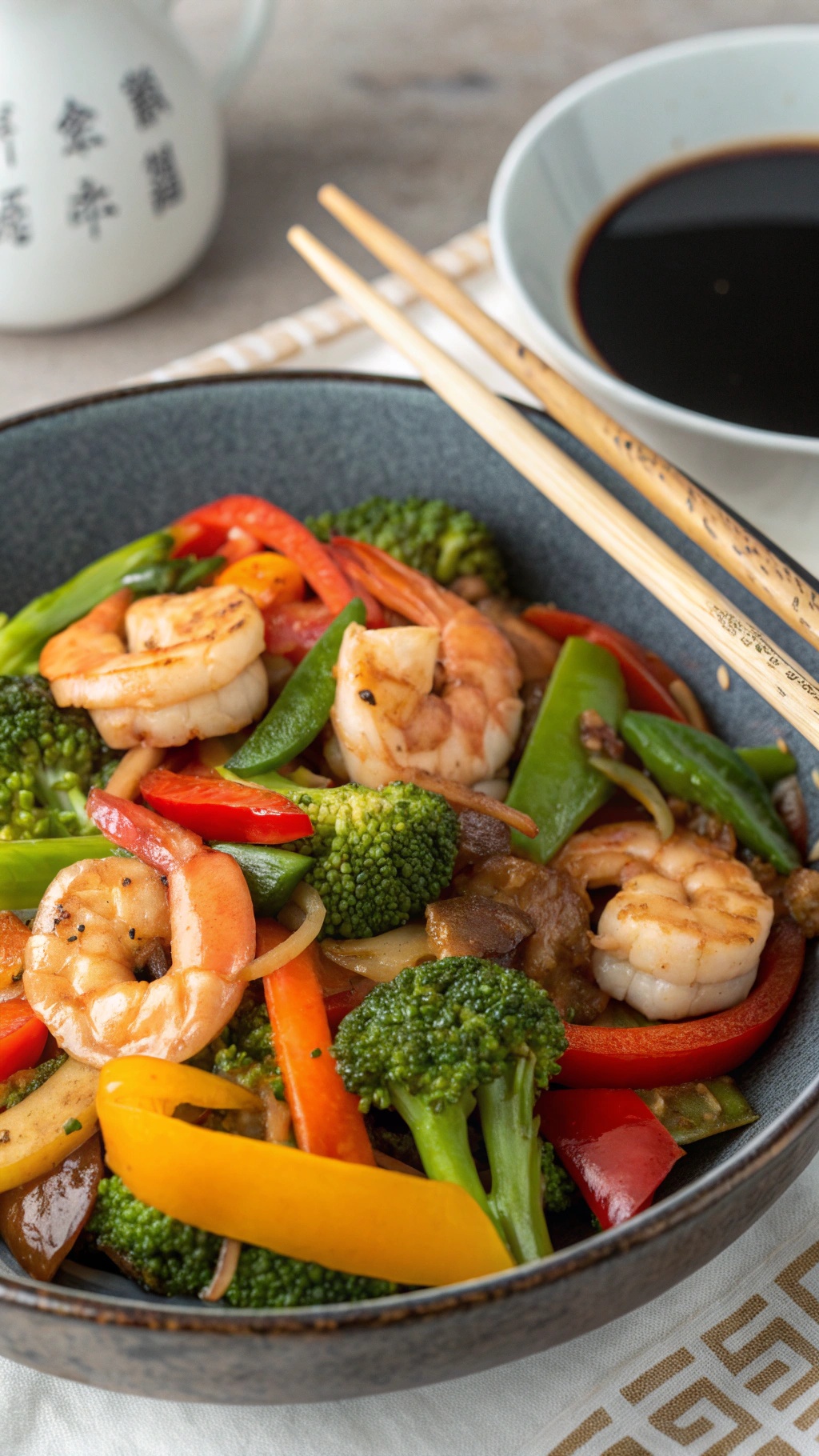 A colorful shrimp and vegetable stir-fry with soy sauce in a bowl, garnished with chopsticks.
