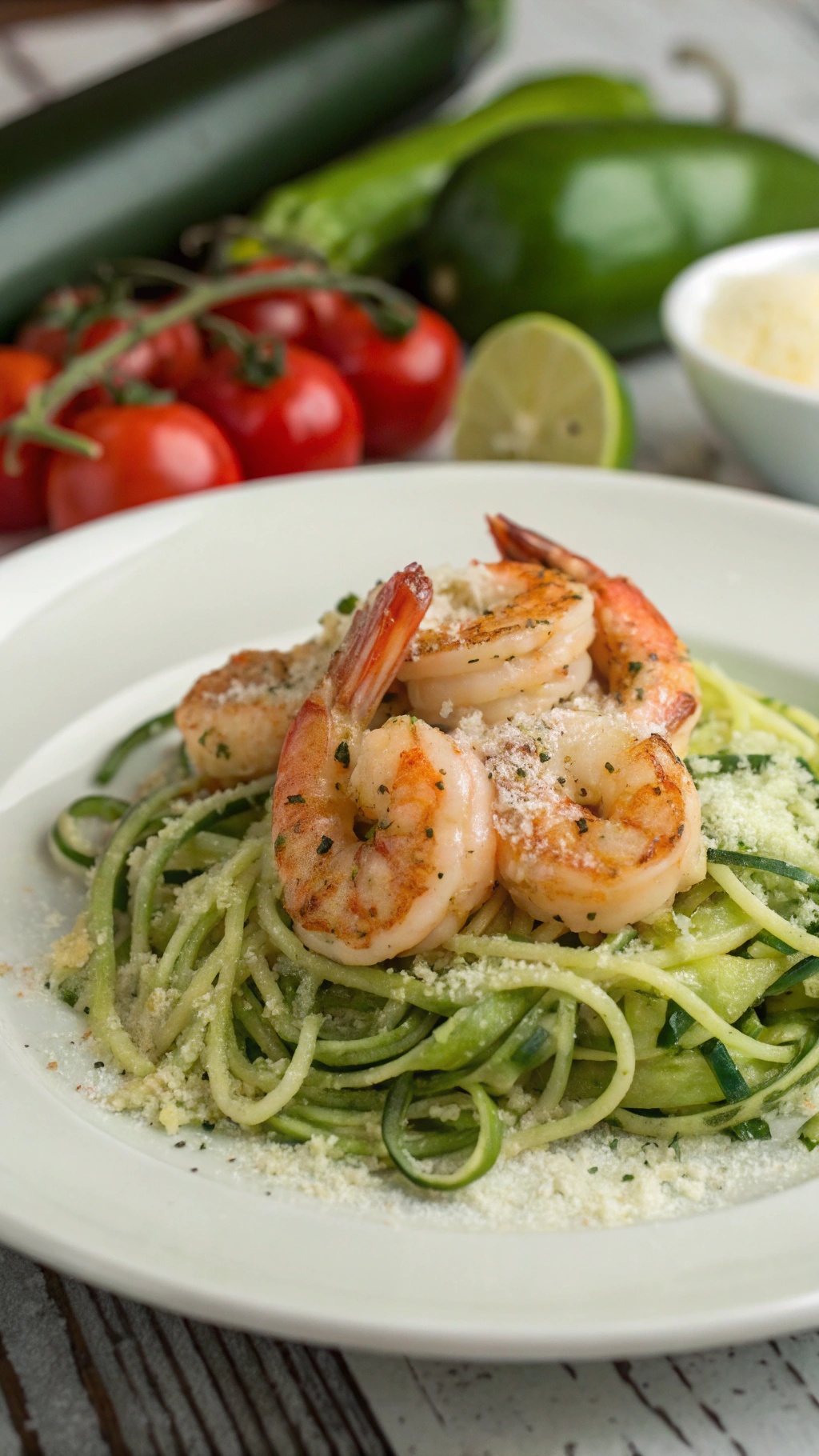 A plate of shrimp and zucchini noodles garnished with Parmesan cheese and parsley.