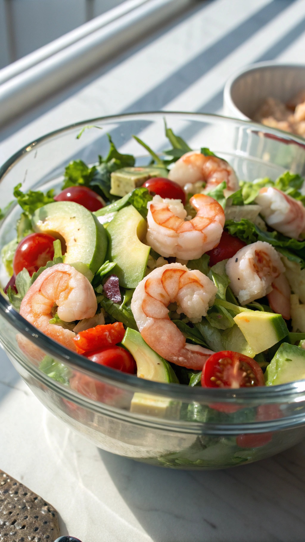 A colorful Shrimp Avocado Salad with shrimp, avocado, cherry tomatoes, and cucumber in a glass bowl.