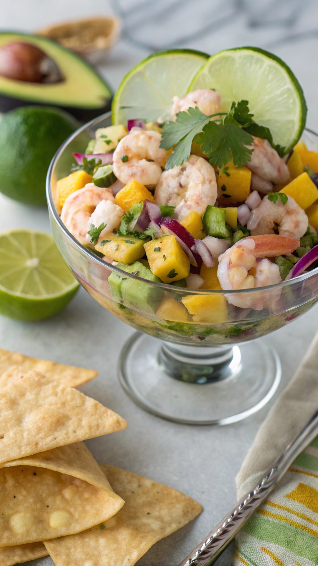 A bowl of shrimp ceviche with mango, garnished with lime and cilantro, served with tortilla chips.