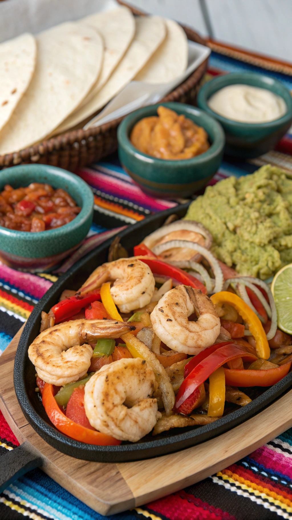 Shrimp fajitas with bell peppers served on a sizzling skillet