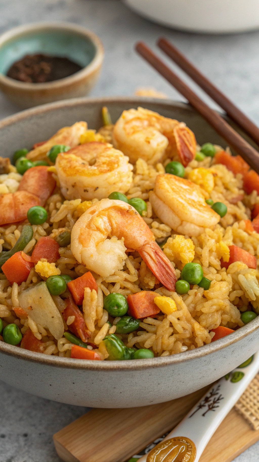 A bowl of shrimp fried rice with colorful vegetables and shrimp.