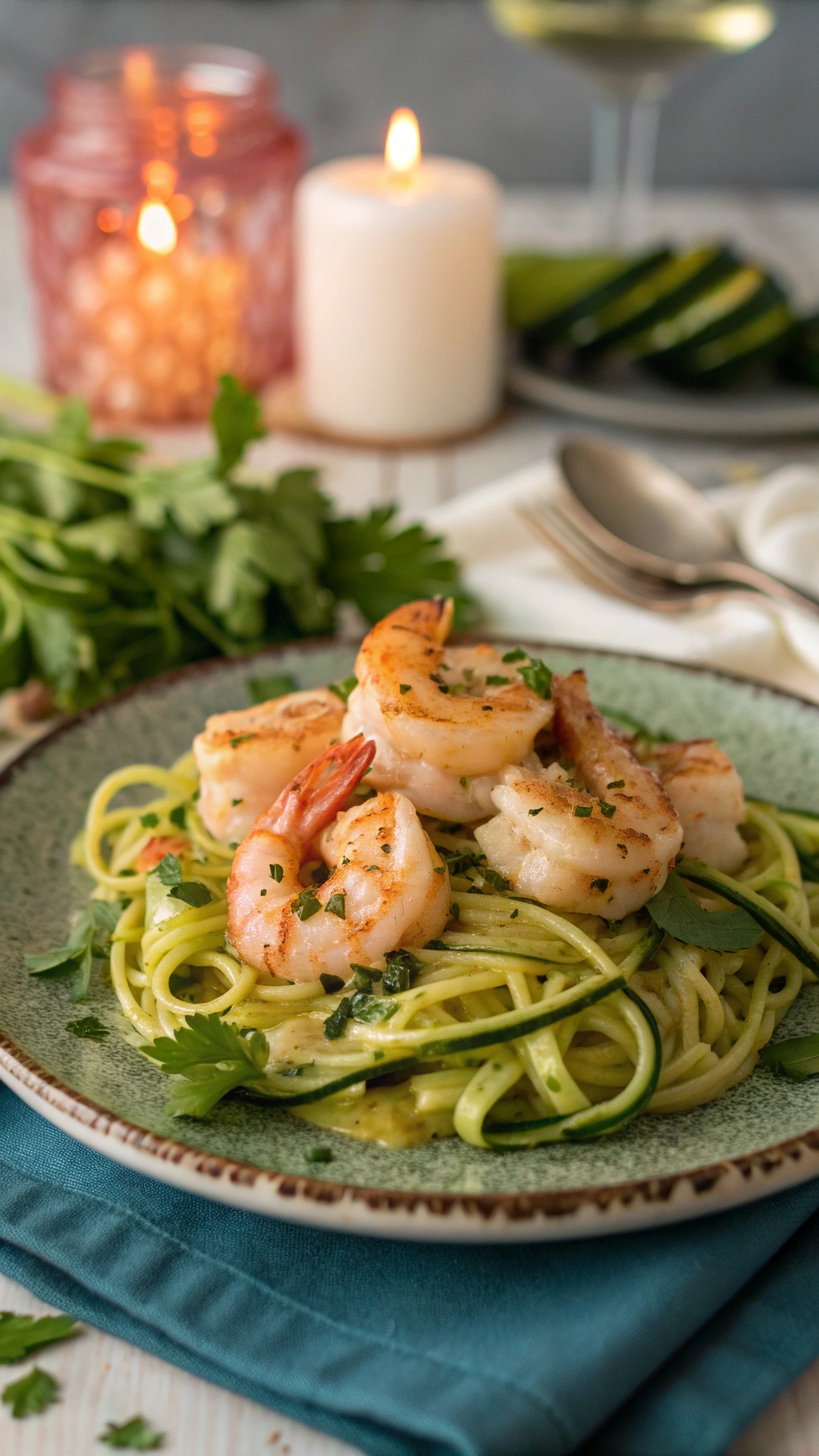 A plate of shrimp scampi served over zoodles with fresh herbs and candles in the background.