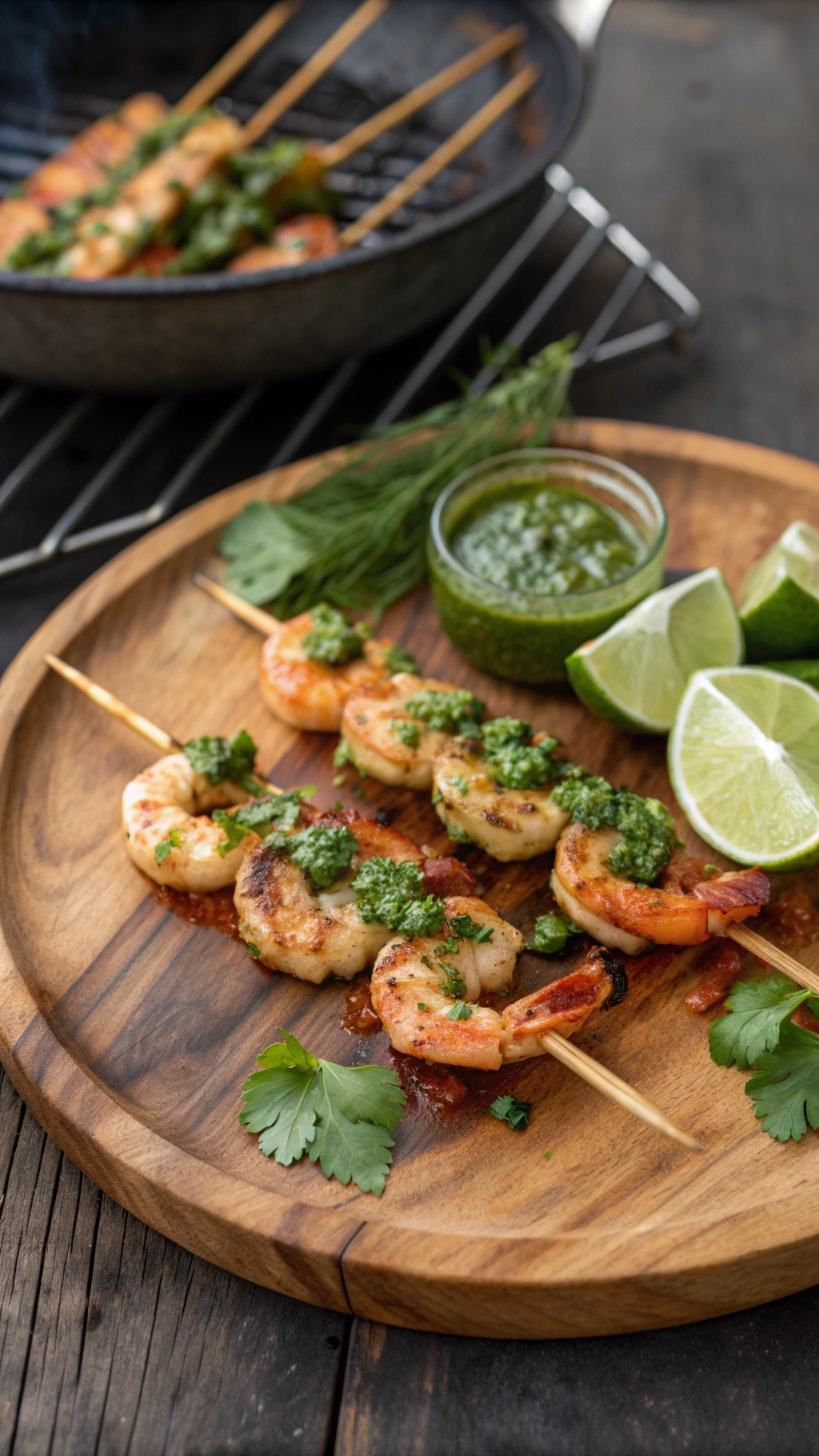 Grilled shrimp skewers with chimichurri sauce on a wooden plate, garnished with lime wedges and fresh herbs.
