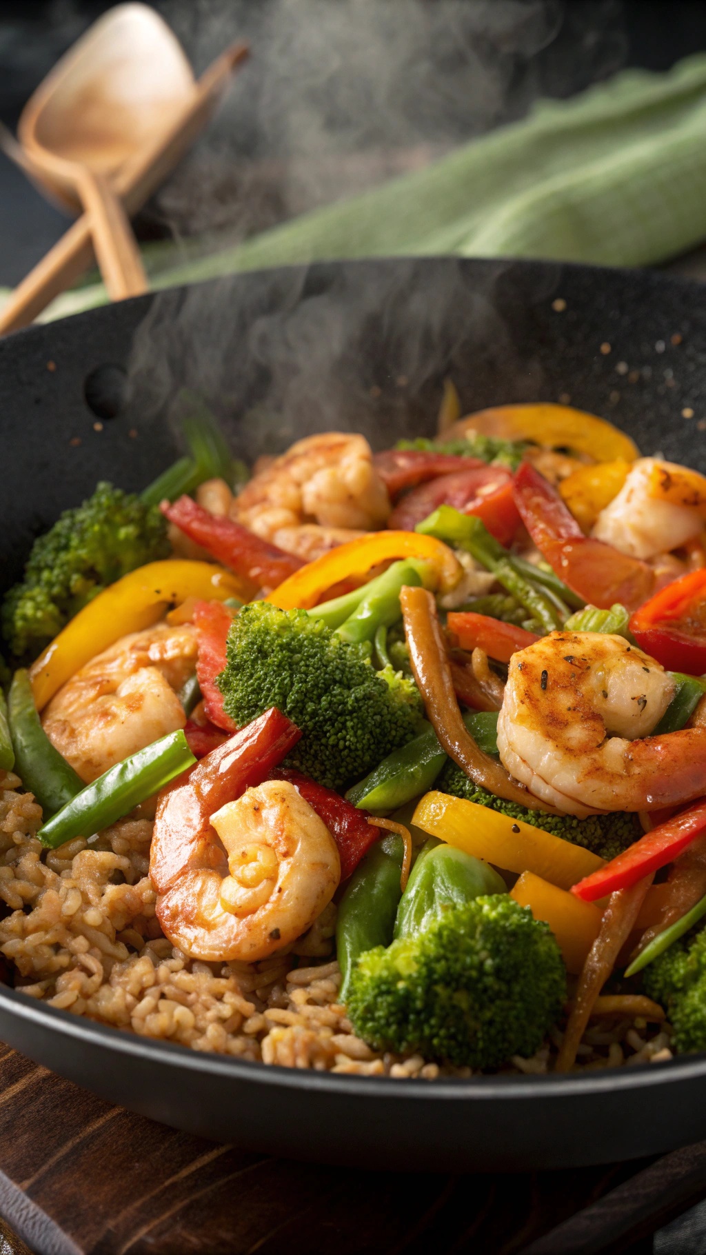 A vibrant shrimp stir-fry with broccoli and bell peppers in a wok, served over brown rice.