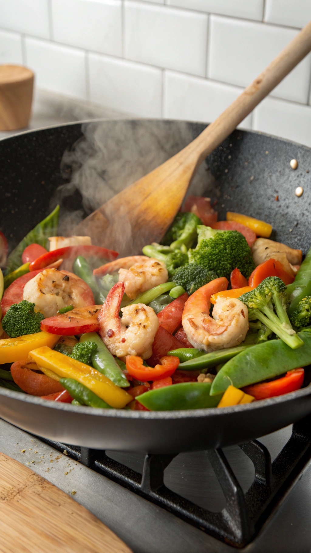 A colorful shrimp stir-fry with mixed vegetables in a skillet.