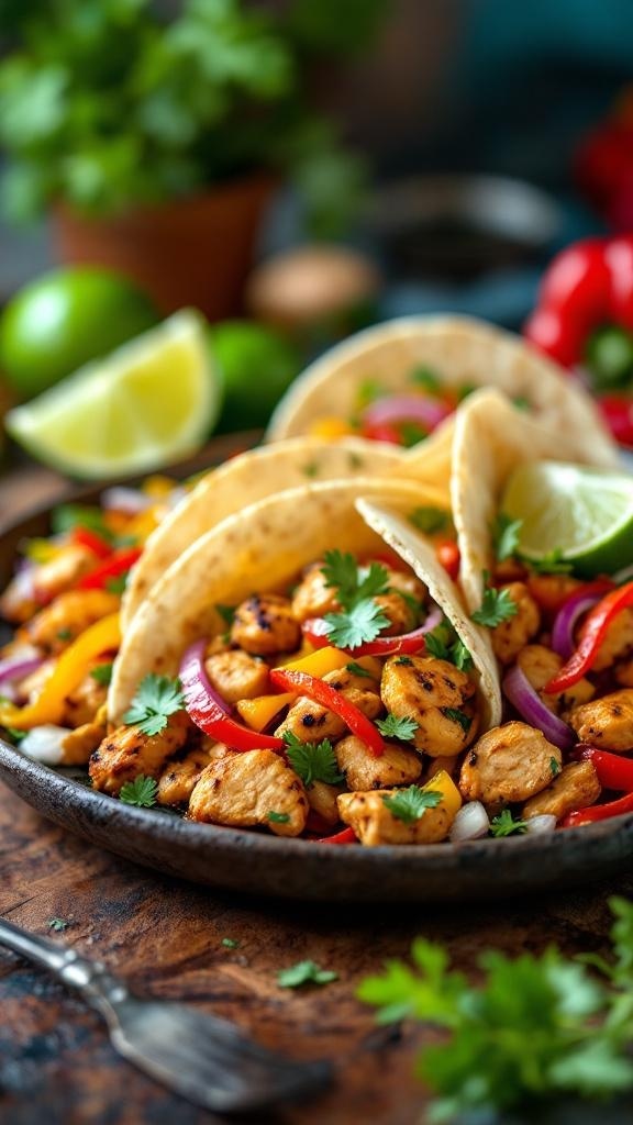 A plate of colorful chicken fajitas with tortillas, garnished with cilantro and lime.