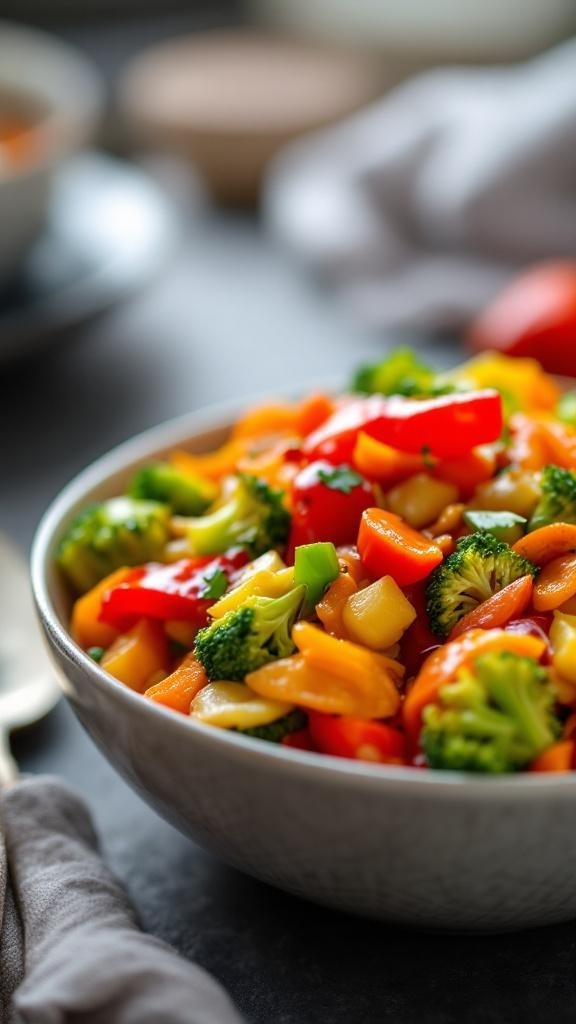 A bowl of colorful vegetable stir-fry featuring broccoli, bell peppers, and corn.