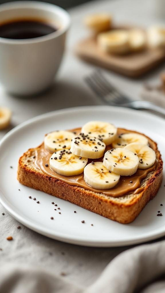 A slice of whole grain toast topped with almond butter and banana slices, served with a cup of coffee.
