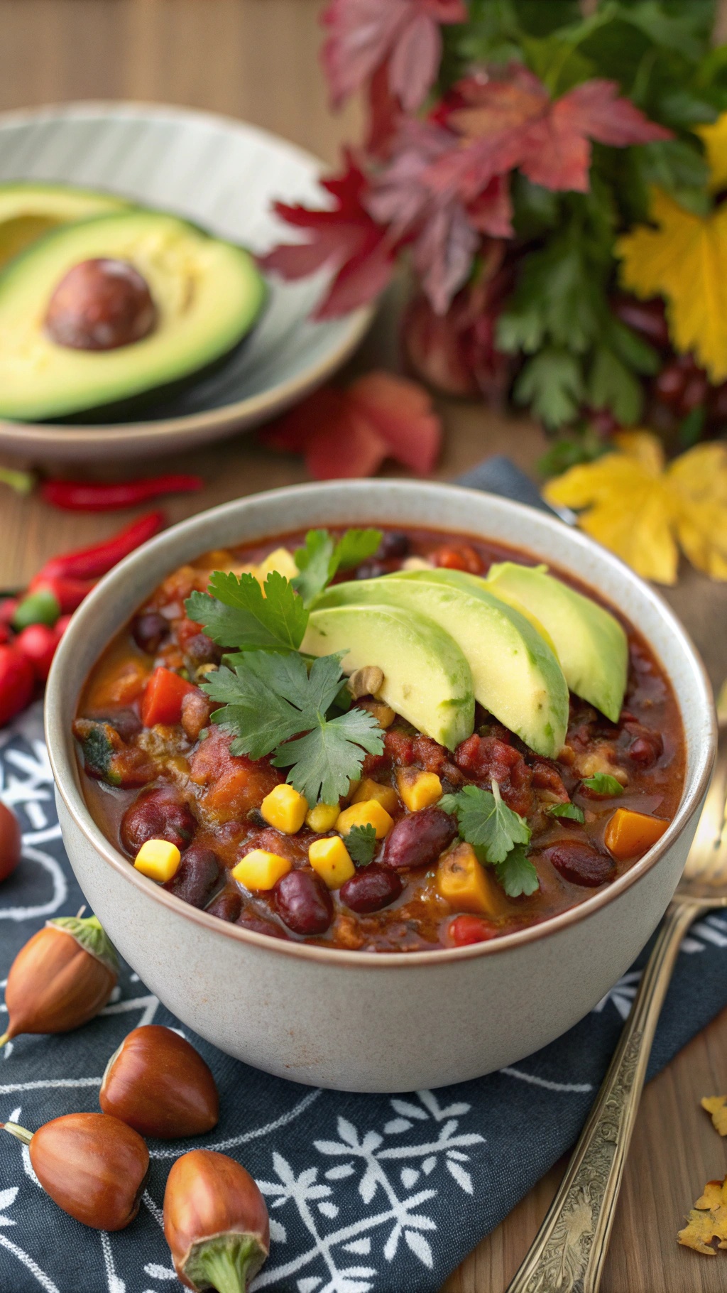 A bowl of vegetable chili topped with avocado slices and cilantro, surrounded by colorful autumn leaves.