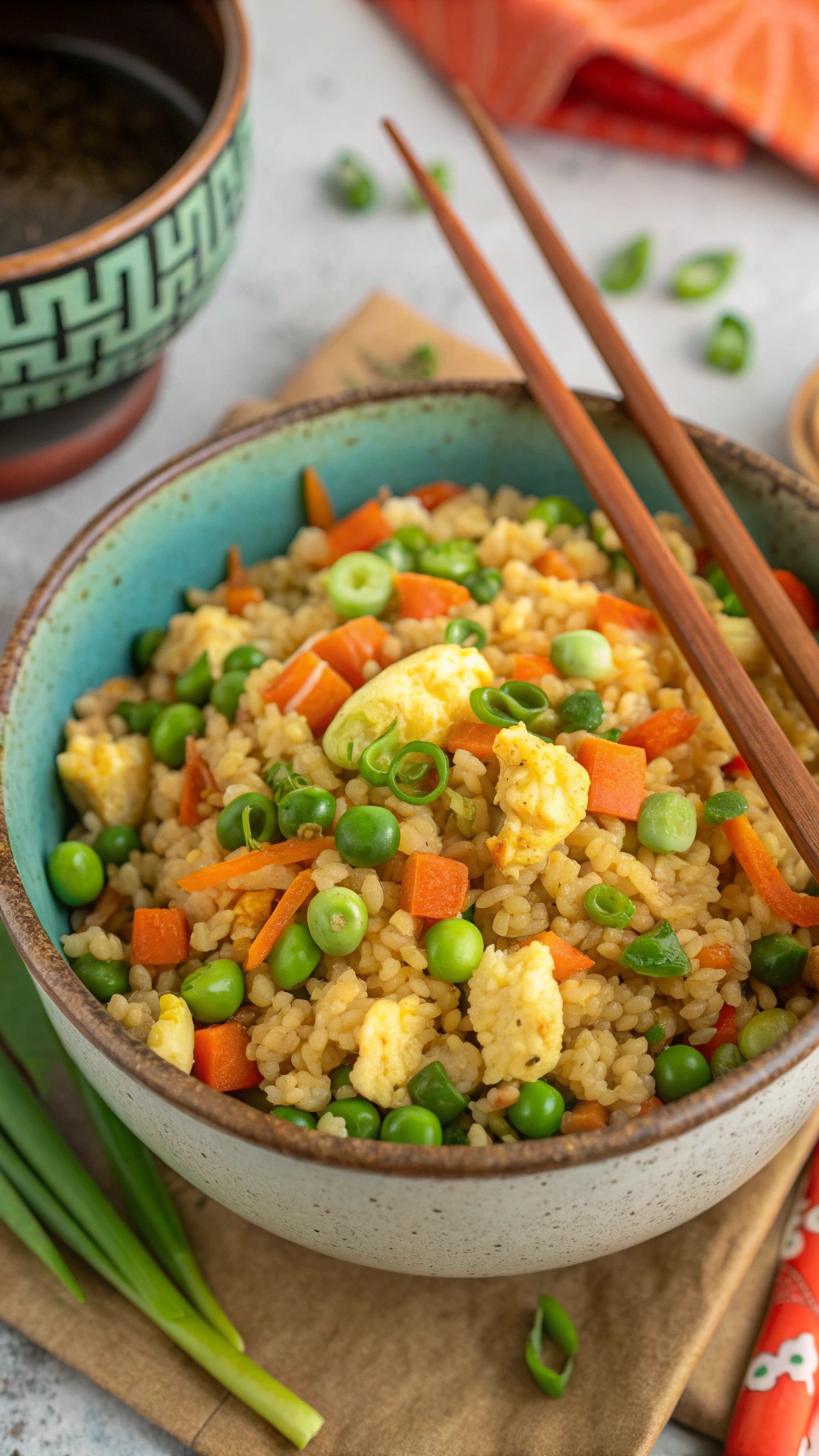 A bowl of veggie-packed cauliflower fried rice with colorful vegetables and green onions.